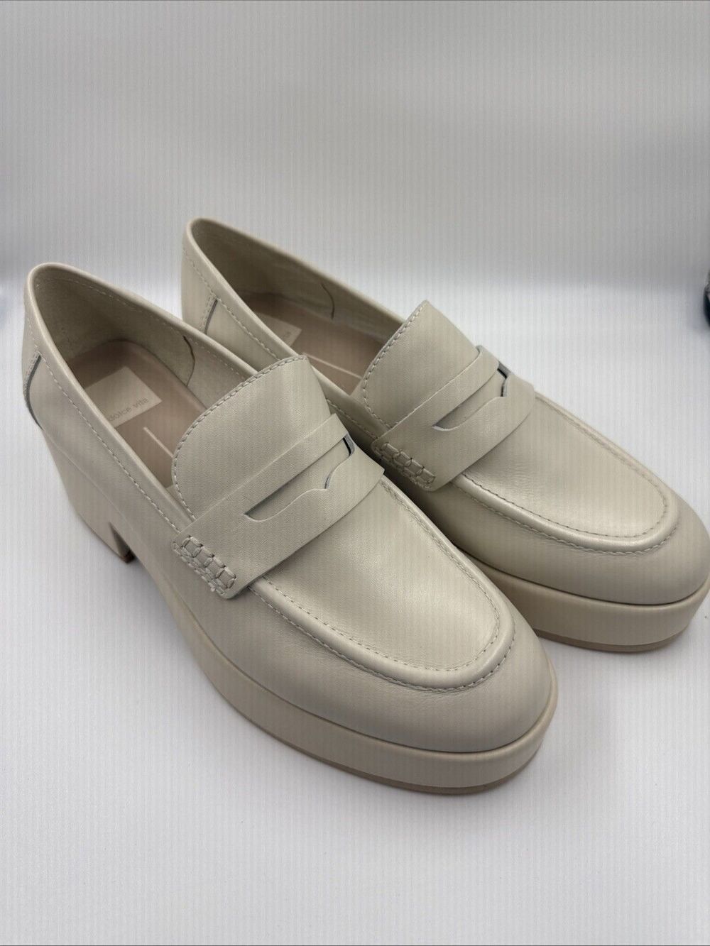 Dolce Vita Women 9.5 Cream Leather Platform Penny Loafers Chunky Block Heel Shoe